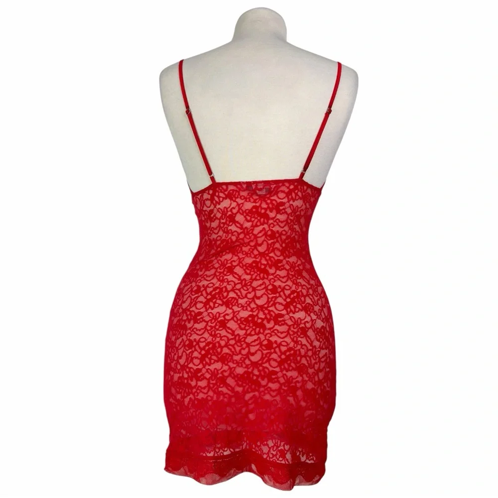 Victorias Secret Vintage Y2K Red Sheer Floral Lace Bodycon Mini Slip Dress Small